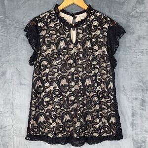 Womens Top XL Black Whimsygoth Fairy Grunge Goth Sheer Paisley Lace Victorian